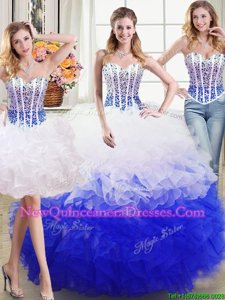 Captivating Three Piece Floor Length Ball Gowns Sleeveless White and Blue Sweet 16 Dresses Lace Up