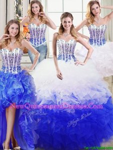 Four Piece Floor Length Ball Gowns Sleeveless White and Blue Quinceanera Dresses Lace Up