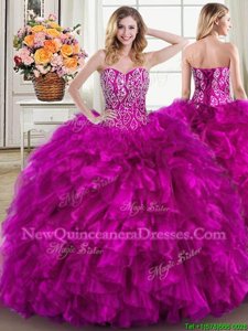 Simple Fuchsia Sleeveless Organza Brush Train Lace Up 15th Birthday Dress for Military Ball and Sweet 16 and Quinceanera