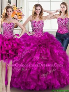 High Quality Three Piece Fuchsia Ball Gowns Sweetheart Sleeveless Organza Brush Train Lace Up Beading and Ruffles Vestidos de Quinceanera