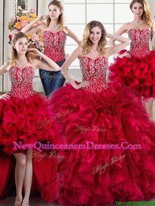 Four Piece Beading and Ruffles Quince Ball Gowns Red Lace Up Sleeveless Brush Train