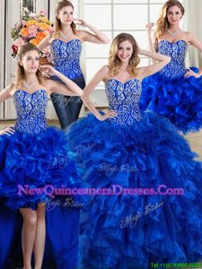 High Class Four Piece Royal Blue Sweetheart Neckline Beading and Ruffles 15th Birthday Dress Sleeveless Lace Up