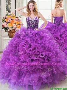 Flare Eggplant Purple Sleeveless Organza Lace Up 15th Birthday Dress for Military Ball and Sweet 16 and Quinceanera