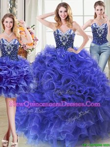 Exceptional Three Piece Royal Blue Lace Up Sweetheart Beading and Ruffles Quince Ball Gowns Organza Sleeveless