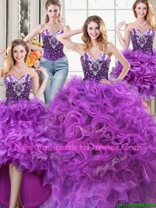 Affordable Four Piece Sweetheart Sleeveless Lace Up Quinceanera Dress Eggplant Purple Organza