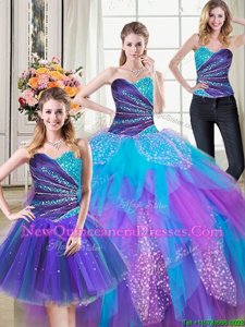 Customized Three Piece Sleeveless Tulle Floor Length Lace Up Quinceanera Gowns inMulti-color withBeading and Ruffles