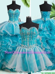 Noble Three Piece White Ball Gowns Organza Sweetheart Sleeveless Beading and Ruffles Lace Up Sweet 16 Quinceanera Dress Brush Train