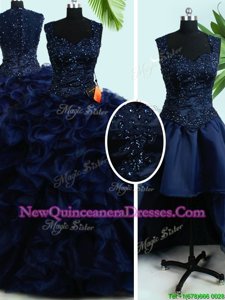 Graceful Four Piece Floor Length Navy Blue Sweet 16 Dresses Straps Sleeveless Zipper