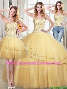 Three Piece Tulle Sweetheart Sleeveless Lace Up Beading and Sequins Quinceanera Gown inGold
