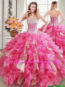 Stunning Sweetheart Sleeveless Sweet 16 Quinceanera Dress Floor Length Beading and Ruffles and Sequins Hot Pink Organza