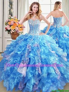 Stylish Sleeveless Floor Length Beading and Ruffles and Sequins Lace Up Sweet 16 Quinceanera Dress with Baby Blue