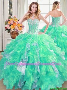 Best Turquoise Organza Lace Up Sweetheart Sleeveless Floor Length 15th Birthday Dress Beading and Ruffles and Sequins