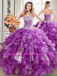 Unique Purple Lace Up Sweetheart Beading and Ruffles and Sequins Quinceanera Dresses Organza Sleeveless