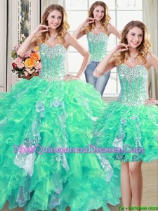 New Style Three Piece Sleeveless Beading and Ruffles and Sequins Lace Up Quinceanera Dresses