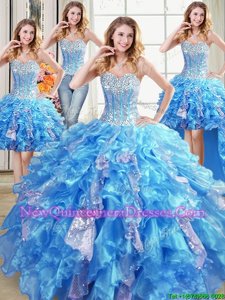 Super Four Piece Baby Blue Organza Lace Up Sweet 16 Quinceanera Dress Sleeveless Floor Length Beading and Ruffles and Sequins