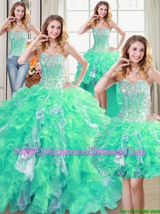 Customized Four Piece Sequins Sweetheart Sleeveless Lace Up Quinceanera Dress Turquoise Organza
