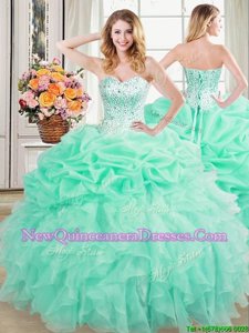 Luxury Pick Ups Apple Green Sleeveless Organza Lace Up Sweet 16 Dress for Military Ball and Sweet 16 and Quinceanera