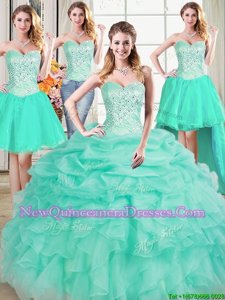 Customized Four Piece Spring and Summer and Fall and Winter Organza Sleeveless Floor Length 15th Birthday Dress andBeading and Ruffles and Pick Ups