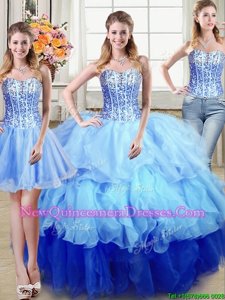 Artistic Three Piece Sweetheart Sleeveless Organza Sweet 16 Quinceanera Dress Ruffles and Sequins Lace Up