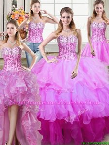 Comfortable Four Piece Multi-color Organza Lace Up Quinceanera Dress Sleeveless Floor Length Ruffles and Sequins