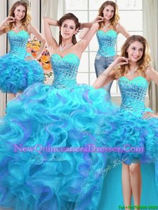 Customized Four Piece Multi-color Ball Gowns Sweetheart Sleeveless Organza Floor Length Lace Up Beading and Ruffles Sweet 16 Dresses