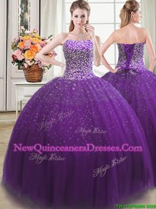 Delicate Purple Ball Gowns Sweetheart Sleeveless Tulle Floor Length Lace Up Beading Quinceanera Dresses