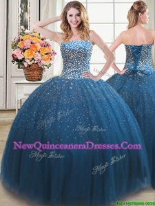 Charming Teal Sleeveless Tulle Lace Up Sweet 16 Quinceanera Dress for Military Ball and Sweet 16 and Quinceanera