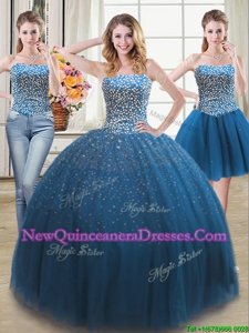 Fashion Three Piece Sweetheart Sleeveless Tulle Sweet 16 Dresses withJacket Beading Lace Up