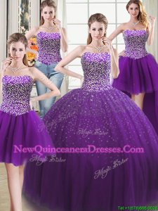 Unique Four Piece Purple Ball Gowns Beading Quinceanera Dress Lace Up Tulle Sleeveless Floor Length