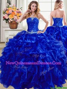 Cute Strapless Sleeveless Quinceanera Gown Floor Length Beading and Ruffles Royal Blue Organza