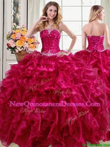 Artistic Strapless Sleeveless Quinceanera Gown Floor Length Beading and Ruffles Fuchsia Organza