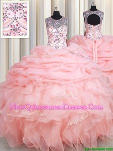 On Sale Scoop Sleeveless Floor Length Beading and Ruffles and Pick Ups Lace Up Ball Gown Prom Dress with Baby Pink