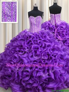 Pretty Eggplant Purple Lace Up Sweetheart Beading Sweet 16 Quinceanera Dress Fabric With Rolling Flowers Sleeveless