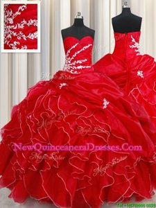 Sweet Red Ball Gowns Sweetheart Sleeveless Organza Floor Length Lace Up Beading and Ruffles and Pick Ups 15th Birthday Dress