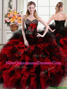 Noble Ball Gowns Quinceanera Dresses Black and Red Sweetheart Organza and Tulle Sleeveless Floor Length Lace Up