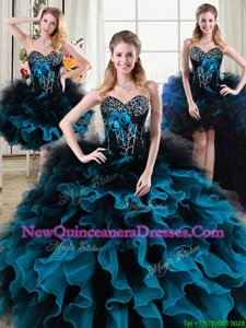 Superior Four Piece Black and Blue Lace Up Vestidos de Quinceanera Beading and Ruffles and Hand Made Flower Sleeveless Floor Length