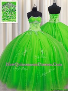 Amazing Spring Green Sleeveless Tulle Lace Up Ball Gown Prom Dress for Military Ball and Sweet 16 and Quinceanera