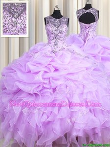 Stylish Scoop Pick Ups Lavender Sleeveless Organza Lace Up Ball Gown Prom Dress for Military Ball and Sweet 16 and Quinceanera
