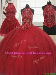 Sexy Three Piece Halter Top Red Tulle Lace Up Vestidos de Quinceanera Sleeveless With Train Court Train Beading