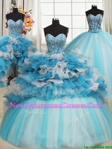 Dynamic Beading and Ruffles Quinceanera Gowns Blue And White Lace Up Sleeveless Floor Length