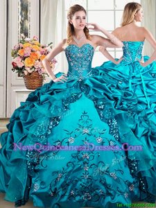 New Style Pick Ups Floor Length Teal Ball Gown Prom Dress Sweetheart Sleeveless Lace Up