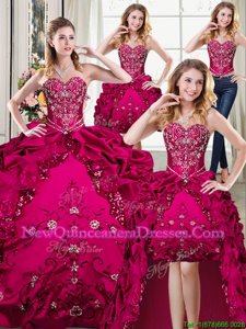 Four Piece Fuchsia Ball Gowns Beading and Embroidery Vestidos de Quinceanera Lace Up Organza and Taffeta Sleeveless Floor Length