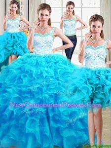 On Sale Four Piece Straps Sleeveless Lace Up Sweet 16 Dress Baby Blue Organza