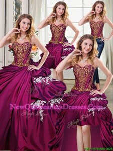 Stunning Four Piece Burgundy Lace Up Sweetheart Beading and Appliques and Pick Ups Quinceanera Gown Taffeta Sleeveless