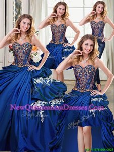 New Style Four Piece Royal Blue Taffeta Lace Up 15th Birthday Dress Sleeveless Floor Length Beading and Appliques and Pick Ups