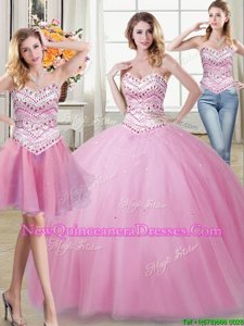 Delicate Three Piece Floor Length Rose Pink Sweet 16 Dresses Tulle Sleeveless Spring and Summer and Fall and Winter Beading