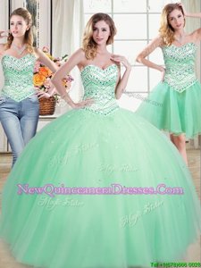 Modern Three Piece Apple Green Ball Gowns Sweetheart Sleeveless Tulle Floor Length Lace Up Beading Quinceanera Dress