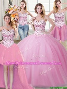 Chic Four Piece Tulle Sweetheart Sleeveless Lace Up Beading Vestidos de Quinceanera inRose Pink