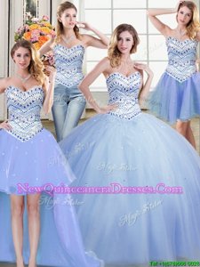 Spectacular Four Piece Sweetheart Sleeveless Lace Up Quinceanera Dress Light Blue Tulle
