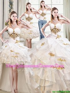 Four Piece Sweetheart Sleeveless Quinceanera Gowns Floor Length Beading and Ruffles White Organza